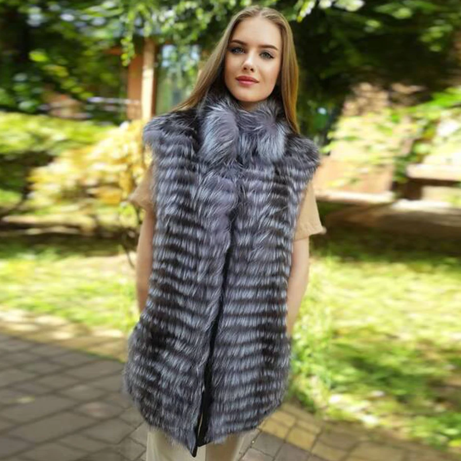 

Pretty Girl Silver Fox Fur Gilet With Stand Collar Women Waistcoat Natural Fur Vest Autumn Winter Warm Fashion Sleeveless Coat