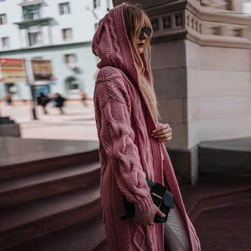 Long Cardigan Casual Lantern Sleeve Open Stitch Warm Women Sweater Winter Loose Knitted Hooded Coat Plus Size S-5XL |