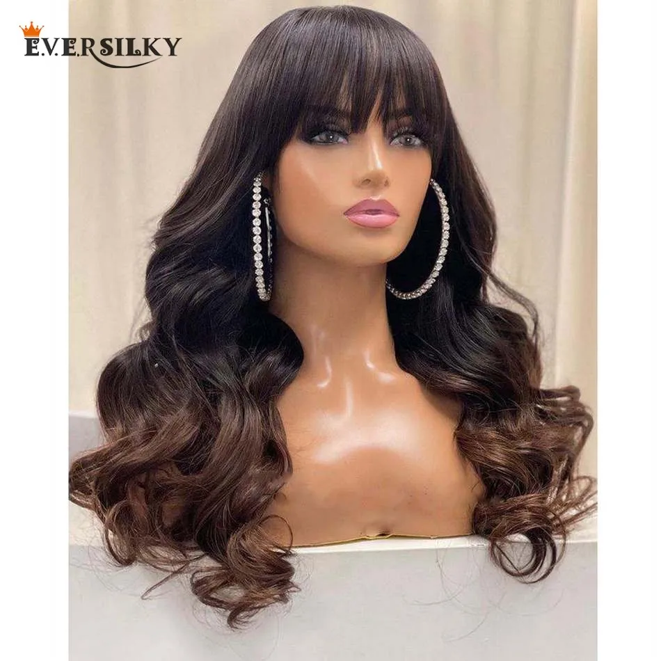 

Body Wave Ombre Brown Human Hair 360 Lace Wig with Bangs 200 Density Indian Remy Hair Fringe Wavy Lace Front Wig for Women