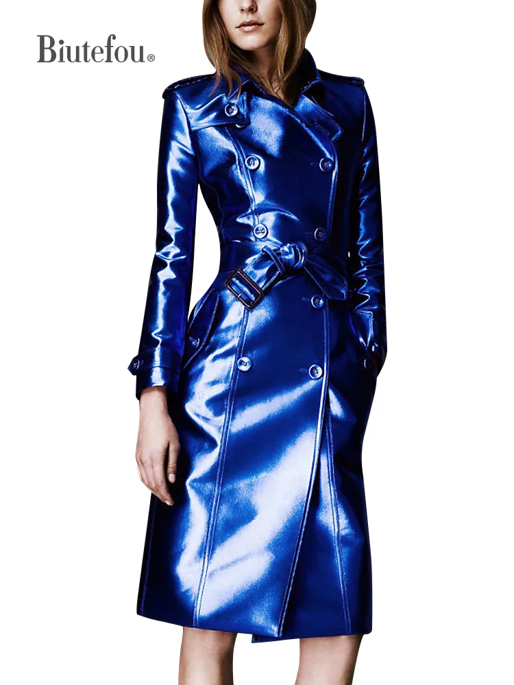 2023 Spring and Autumn Winter Women Long Faux Leather Metal Color Adjustable Waist Slim Coats