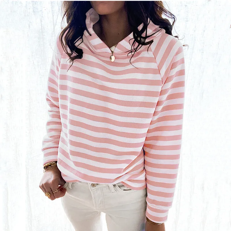 

2021 весенне-осенняя Повседневная Женская свободная толстовка в полоску с длинным рукавом, женские топы, пуловер, толстовка с капюшоном
