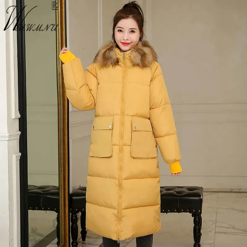 

Winter Thick Long Cotton Jackets Women Plus Size Casual Pocket Korean Parka Coats Patchwork Fur Collar Warm Quilted Jackets