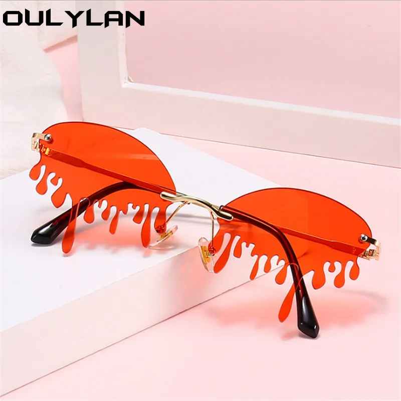 

Oulylan Rimless Sunglasses Women Brand Tears Shape Sun Glasses Goggles Female Frameless Sunglass UV400 Red Pink Ladies Eyewear