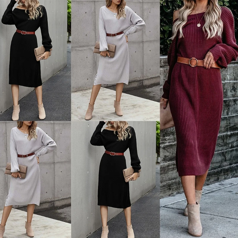 

Женское платье-свитер средней длины с длинным рукавом и круглым вырезом