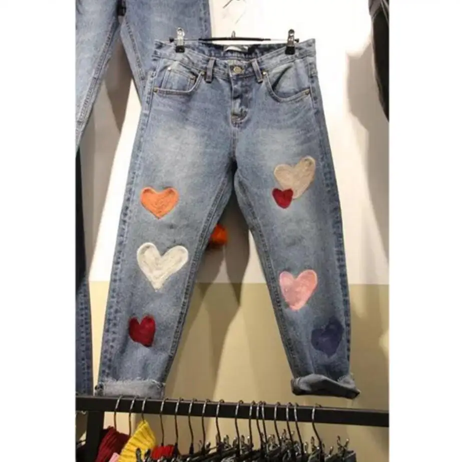 

2019 Harajuku Love Embroidery Ripped Jeans Woman High Waist Skinny Jeans For Women Kawaii Hip Lift Pants Femme r1801