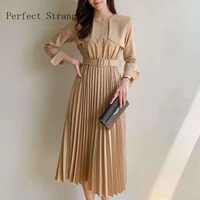 2021 korean hot sale high quality round collar fake two pieces pleated women chiffon long dress