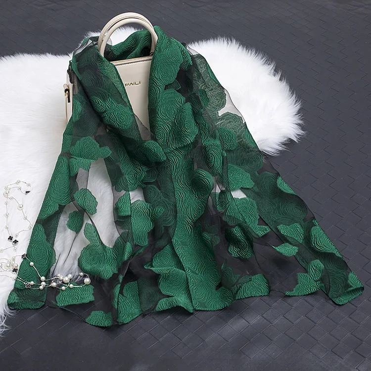 Женский шарф с листьями и цветами длинный из органзы высокого качества