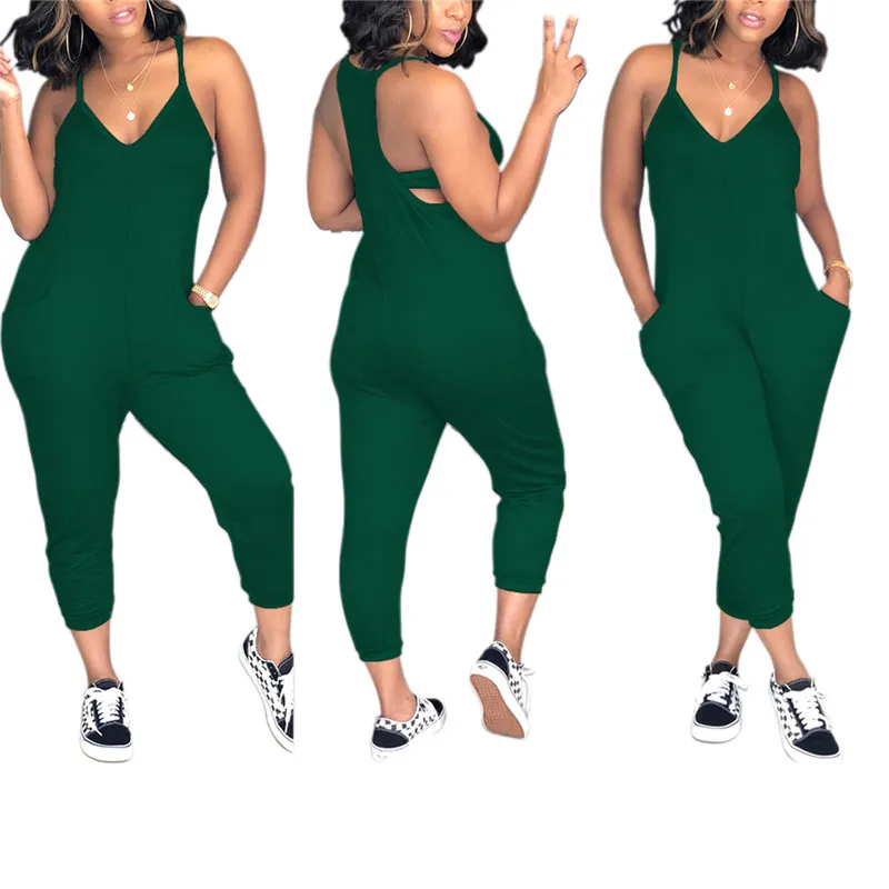 

Women Summer Boho Sleeveless V-neck Strap Jumpsuit 2020 Fashion Streetwear Loose Causal Pockets Jumpsuit Beach Holiday Wholesale