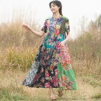 summer new cotton printing ethnic style pannelled stitching pastoral dress floral dress long dress women