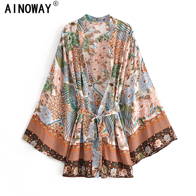 Женское винтажное кимоно с цветочным принтом V-образным вырезом и рукавами