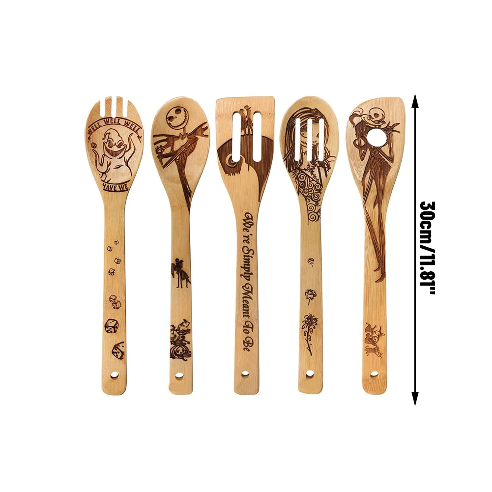 

5PCS Halloween Bamboo Wood Wok Shovels Slotted Spatula Spoon Mixing Holder Cooking Utensils Dinner Kitchen Shovels Supplies