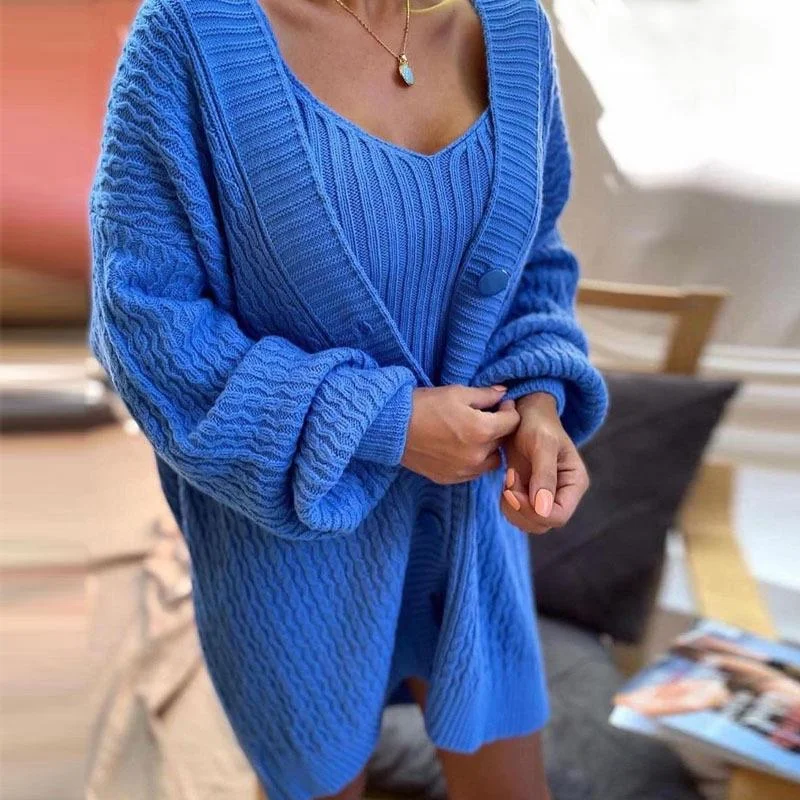

Vest Two Pieces Set Long Sleeve Cardigan Sweater Dress Women Suit Knitted Vintage Loose Robe Mini Dress Clothing Female Vestidos