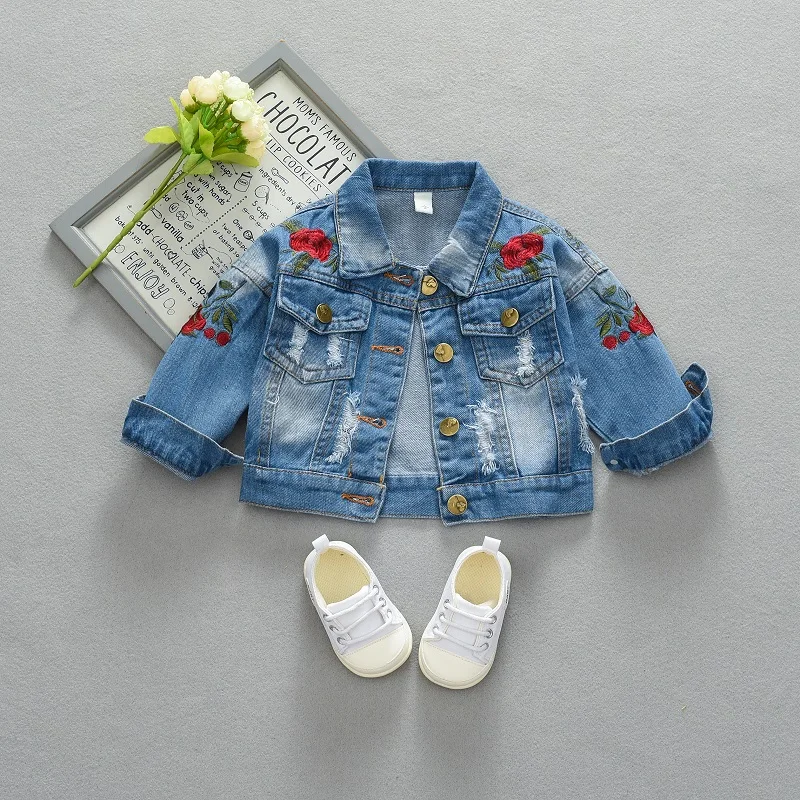 

Spring & Autumn Girls Denim Coats Jackets for Girls Kids Ripped Holes Jean Jacket Embroidery Children Clothing for 12M-8Y 2021