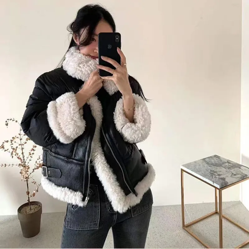 

High Quality Fur Women Stilysh Hit Color Thick Frosted Leather Jacket Winter Warm Sheep Wool Coat Streetwear Locomotive Jackets