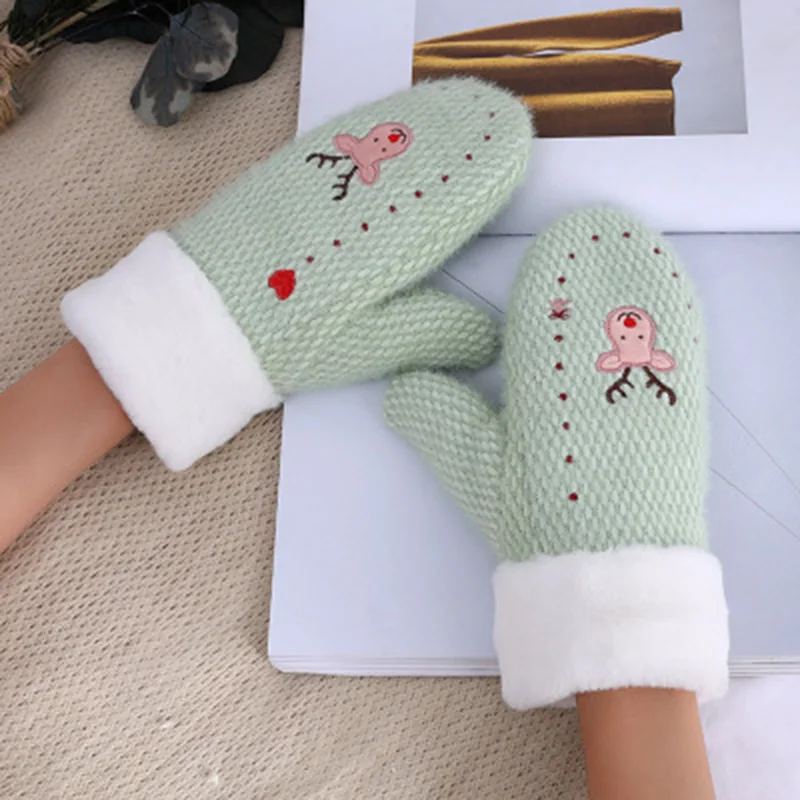 Women's Winter Double Thicken Velvet Wool Knit Warm Gloves Cute Cartoon Elk Embroidered Cashmere Cycling Driving Mittens L20 |