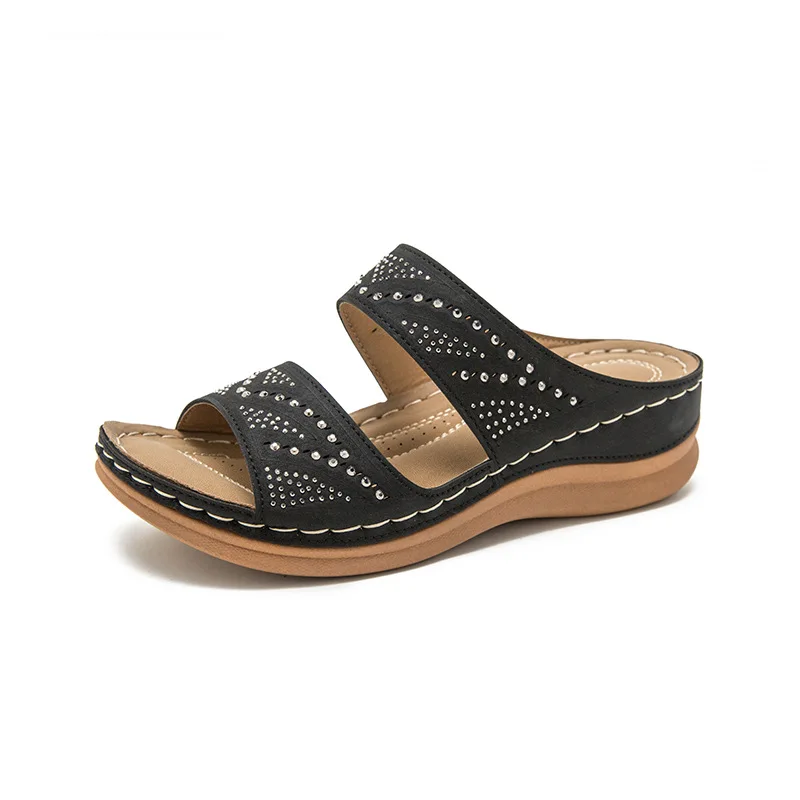 

Big Size Flat Shoes Female Woman's Slippers On A Wedge Med Platform Slides 2021 Summer Soft Scandals Casual Fabric PU Leisure