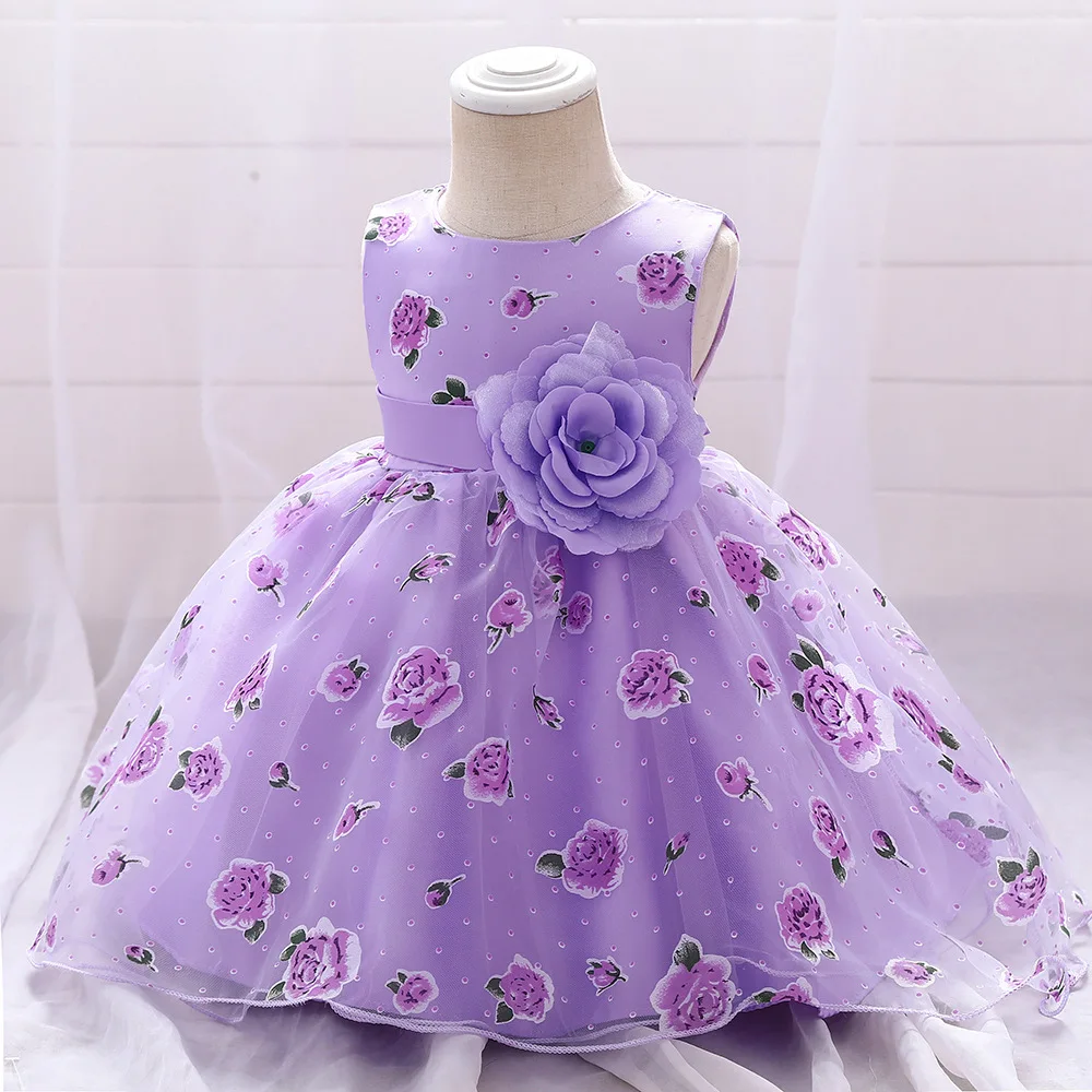 

Pretty Summer Baby Girl Dress with Flower Party and Wedding Baptism 1st Birthday Newborn Print Purple Ballgown Gown
