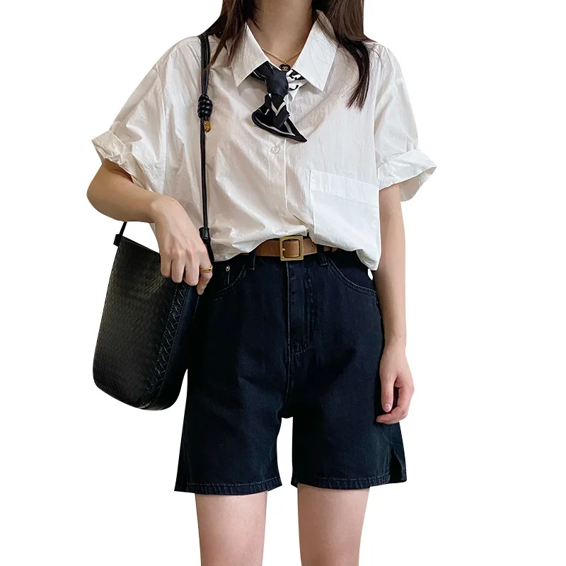 

Qifei 2021 summer simple cotton shirt careful machine design sense of minority temperament commuter shirt blouse