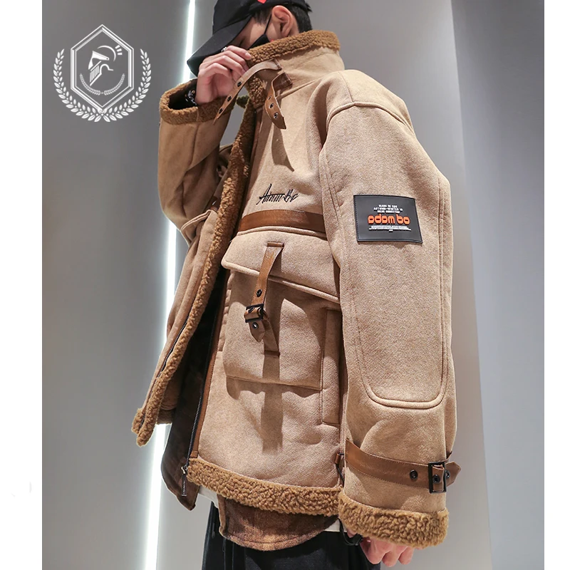 

Men Fashion Loose Faux Fleece Heavyweight Wool Shearling Jacket Casual Patchwork Hip Hop Coat