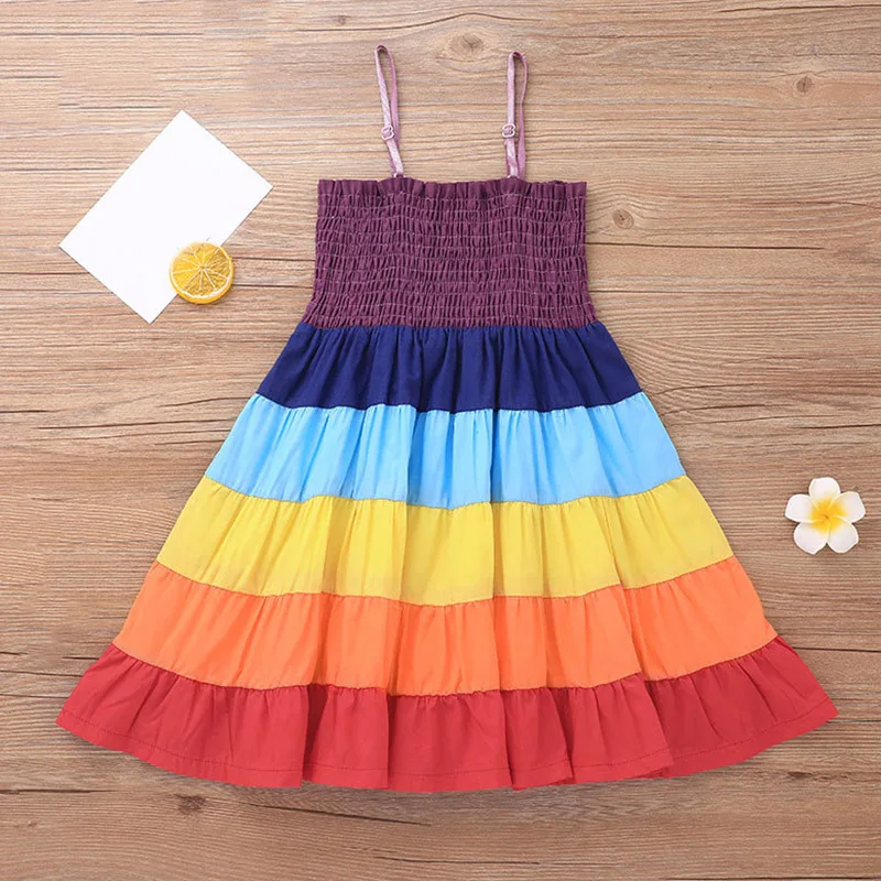 

Summer Multicolor Rainbow Beach Dress Sundress Suspenders Striped Casual Dress Baby Girl Clothes Children Dress