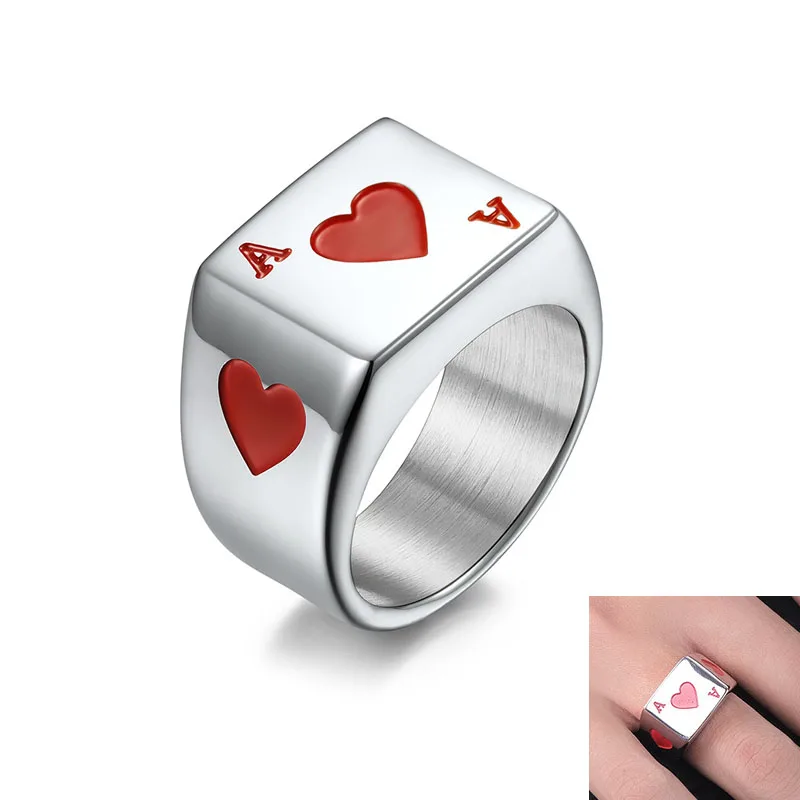

Vintage Men's Good Luck Ring Stainless Steel Playing Card Black Ace Of Spade Ring Cocktail Party Signet Biker Band jewelry