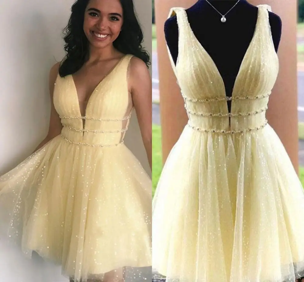 YiMinpwp Light Yellow Homecoming Dresses Deep V Neck Backless Short Cutaway Sides Crystal Beads Sequined Cocktail Party Gowns