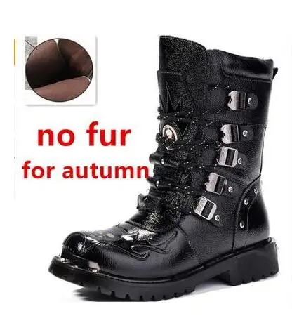 Black no fur Военные ботинки зимние мужские мотоциклетные ботинки 19 модные теплые ботинки до середины икры в стиле панк мужские кожаные черные высокие повседневные ботинки - Цвет: Black no fur