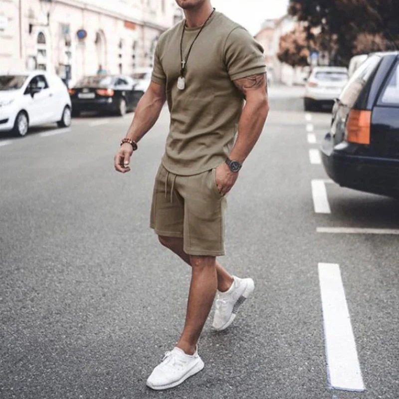 Ta&To Men's Tracksuit 2 Piece Set Summer Solid Sport Hawaiian Suit Short Sleeve T Shirt and Shorts Casual Fashion Man Clothing
