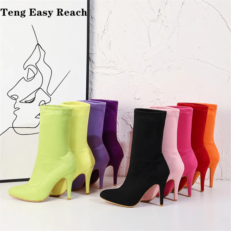 

2020 New Female Sexy Stiletto Sock Booties Stretch Fabric Pointed Toe High Heels Ankle Boots Women Pumps Botas Mujer 32-48