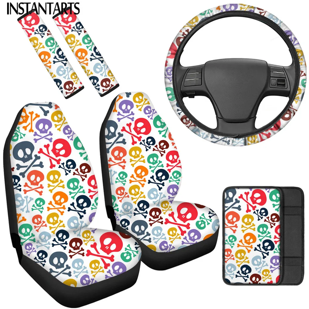 

INSTANTARTS Cute Skull Avatar Design Car Interior Seat Covers Steering Wheel Cover Comfortable Car Center Cover Seatbelt Pad