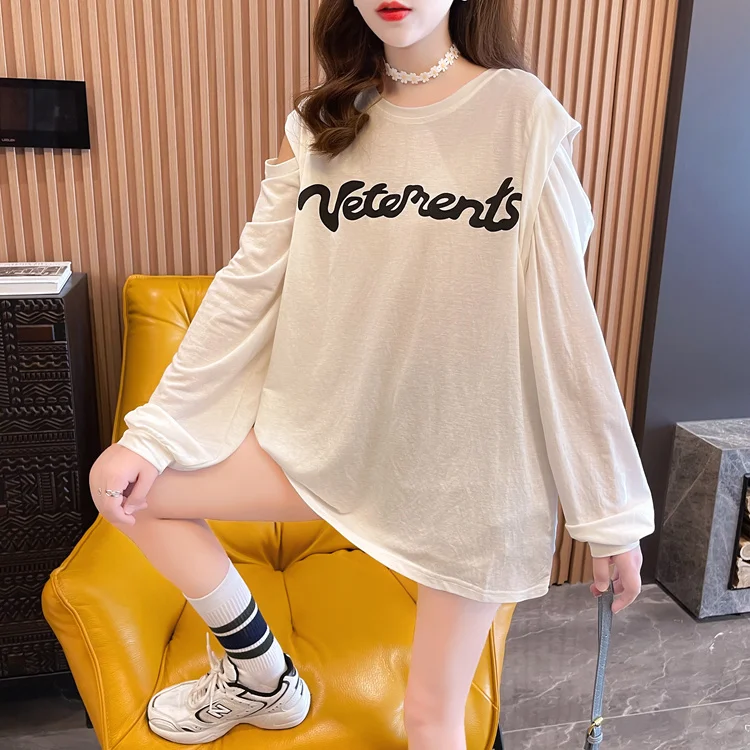 

Женская хлопковая футболка с длинным рукавом, с открытыми плечами