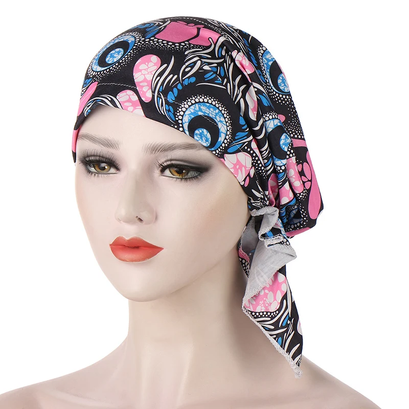 

Muslim Chemo Cancer Beanies Hat Head Wrap Bandana Women Curved Flower Cloth Turban Hat Baotou Cap Tassel Headscarf Stretchy