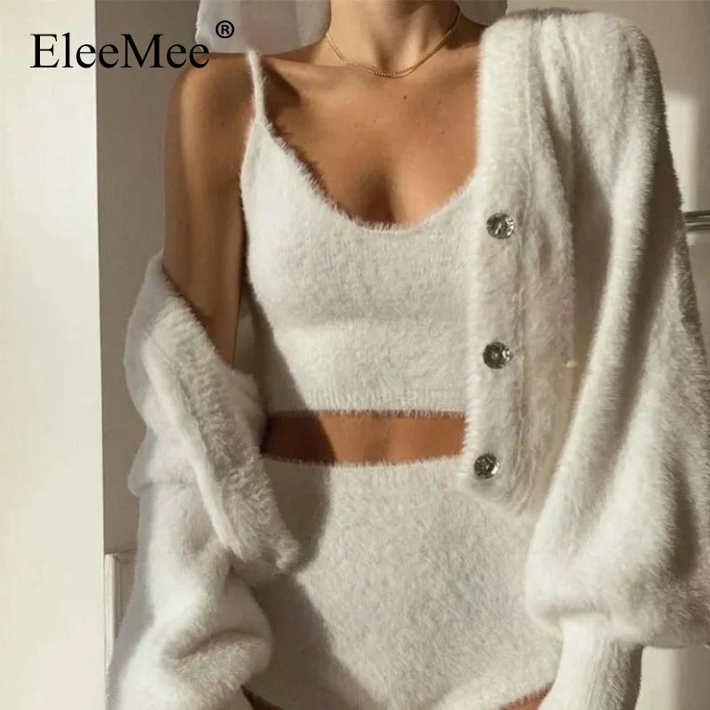 Вязаный свитер EleeMee из мохера новинка 2021 осеннее пальто короткий сексуальный