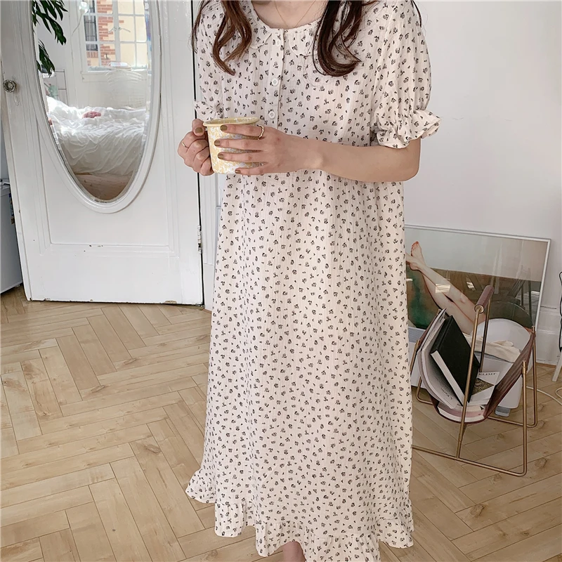 

Ночная рубашка женская, из мягкого хлопка, с цветочным принтом и оборками, с коротким рукавом, домашняя одежда, пижама Y481