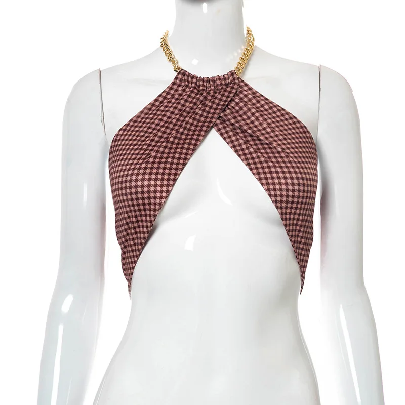 

Chain Halter Neck Plaid Crop Tops for Women Tanks Cami Summer Sexy Holiday Backless Y2k Top Black White Cute Corset Top