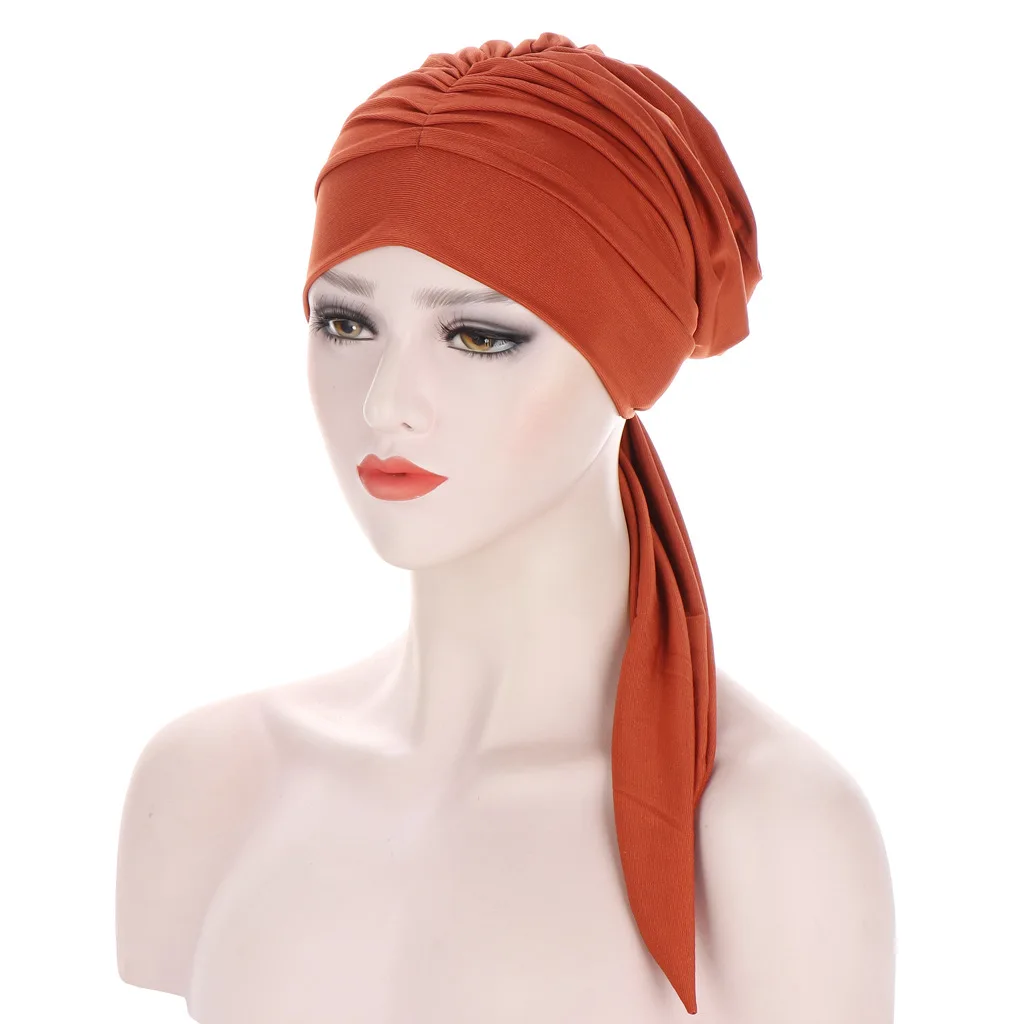 

Muslim Women Inner Hijabs Solid Long Tail Bow Head Scarf 7 Colors Chemo Cancer Turban Mujer Ready To Wear Turbante