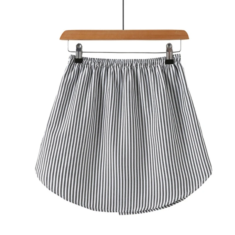

Women Striped Fake Top Lower Sweep Skirt High Low Irregular Patchwork A-Line Button False Hem Layering Shirt Extenders