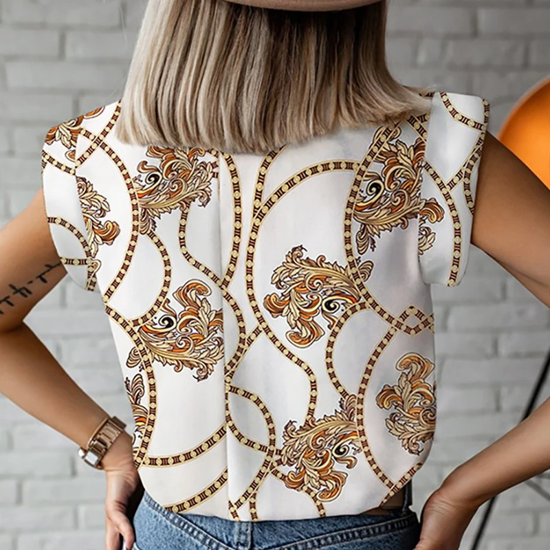 

Women Elegant Chain Print blouse shirts New Summer Casual Stand Neck Pullovers tops Lady 2XL Fashion cute Eye Short Sleeve Blusa