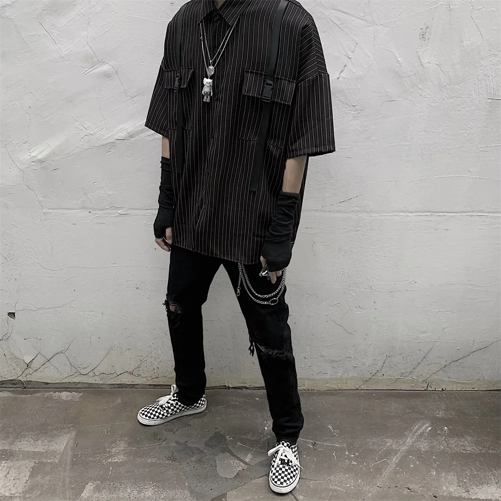 2019 Мужская Рабочая одежда в темную полоску гавайская рубашка модная трендовая