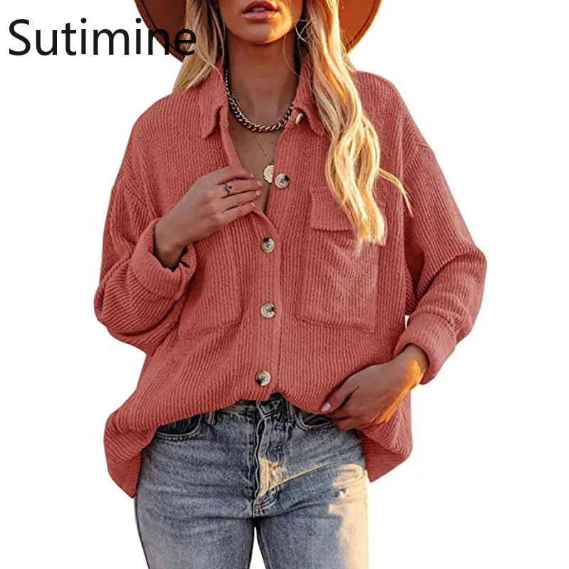 Fall Winter Oversize Women's Shirt Loose Corduroy Lapel Buttons Pocket Long Sleeve Shirt Female Jacket Women Clothes Wholesale