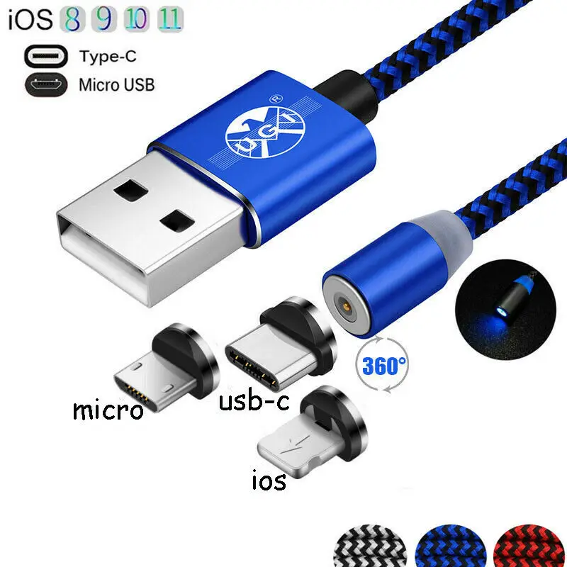 1 м 2 3 360 ° Магнитный type C Micro USB IOS штекер быстрое зарядное устройство кабель для samsung