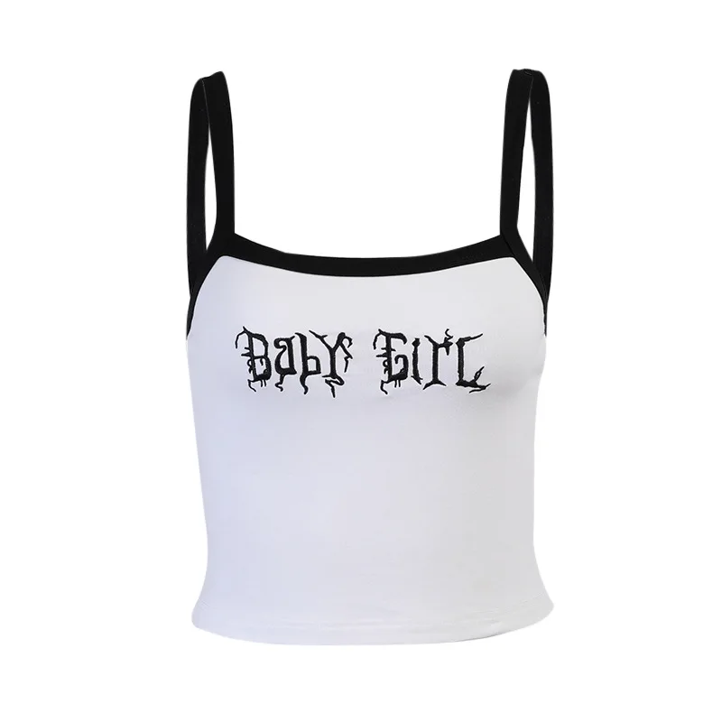 

25504 European and American summer new sexy color contrast suspender top ins short letter print dark vest female