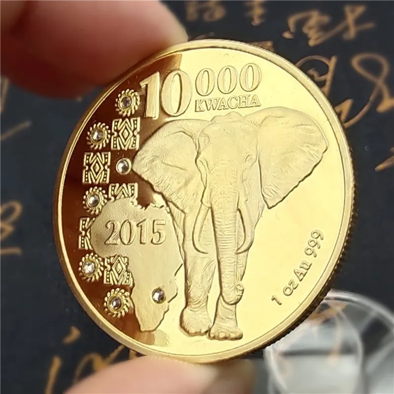 Прямая поставка, 2015 г., Республика Замбия, 1 унция, 999, африканский слон, 10000 Kwacha, золотые памятные монеты с животными, сувенирные монеты, подарки