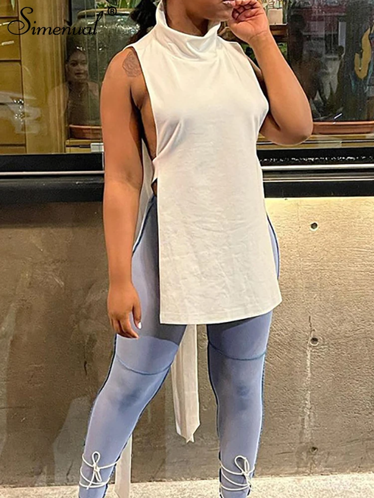 

Simenual Side Bandage Split Turtleneck Vest Sleeveless Baddie Clothes Streetwear Long Tank Tops Solid Fashion Hot Women Clothing