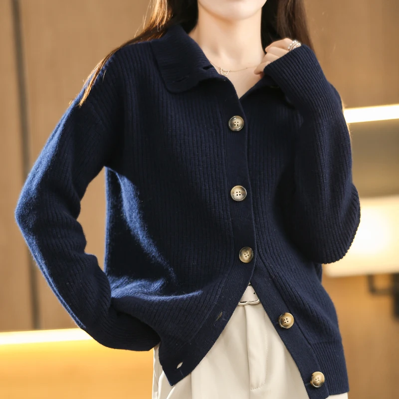 Half-High Lapel Wool Cardigan Women's Fall/Winter 2021 New Loose Knitted Thick Sweater Korean Style Lazy Style Pure Color Jacket