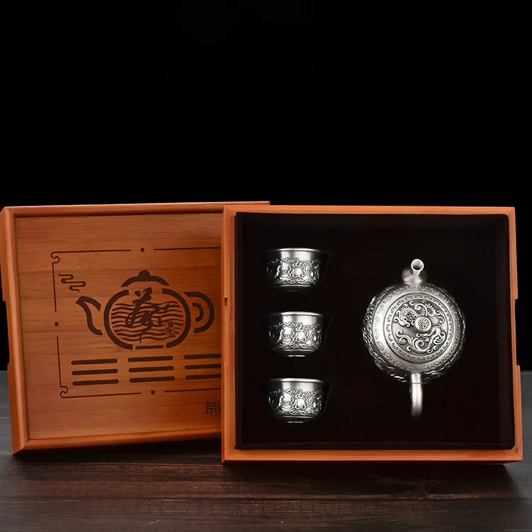 Изысканное серебро 999 пробы чайные сервизы Дракон и Феникс чайный горшок чай