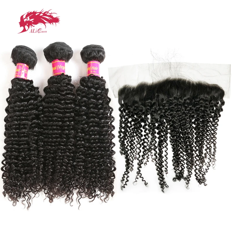 Kinky Curly Human Hair Bundles With 4x4 HD Lace Closure 13x4 Frontal Ali Queen Brazilian Virgin Remy Human Hair Natural Color