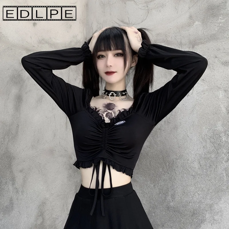 

Женская одежда юбка с высокой талией Стиль тонкий рисовать со складками с расклешенными рукавами с v-образным вырезом, футболка с длинным ру...