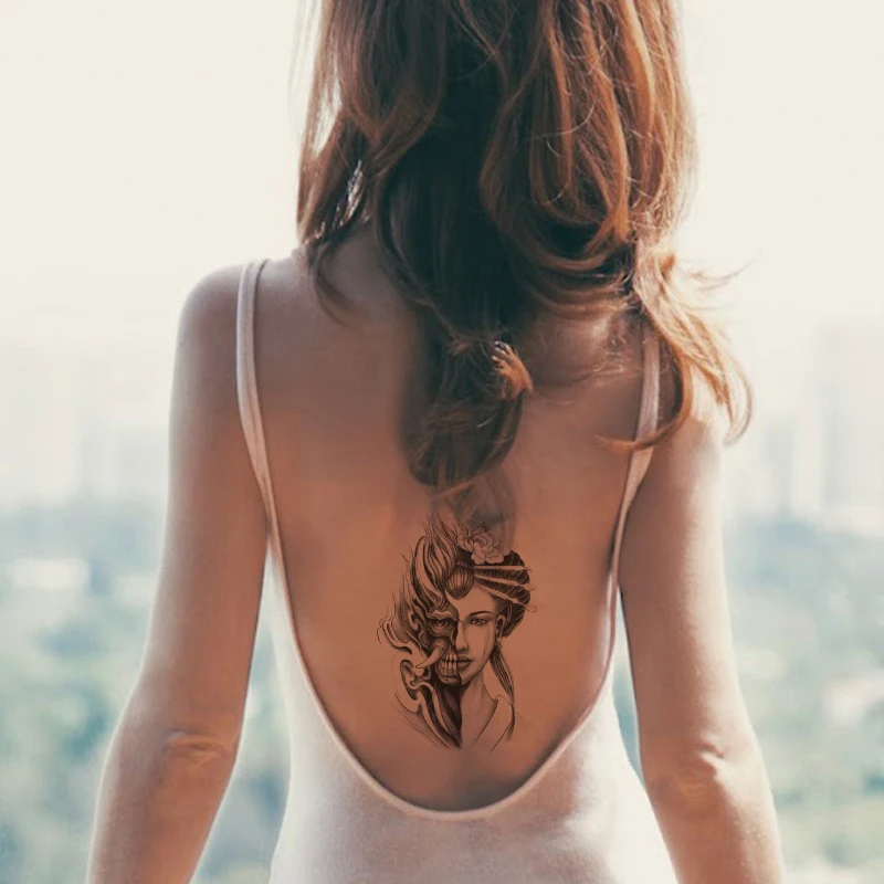 Fake Black Tattoo Ancient Beauty Women Guan Yu Tearing Girl Design Water Transfer Temporary Sticker Body Arm Back Leg Men | Красота и
