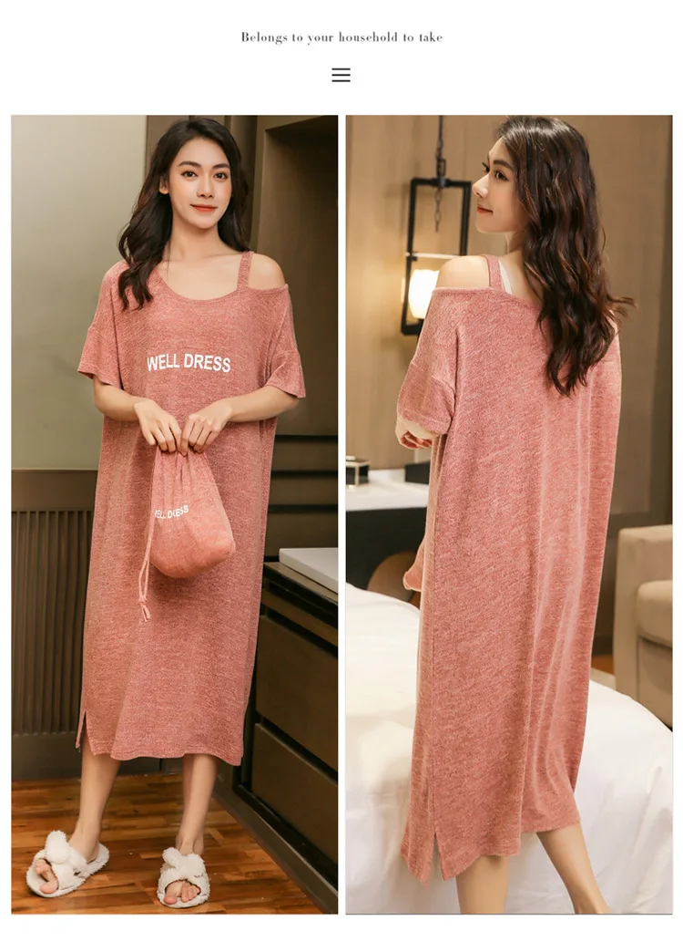 Spring Summer Stripe Loose Short Sleeve Mid-Calf Women's Nightdress Thin Fashion Nightgown & Sleepstirts Home Wear Sleepwear
